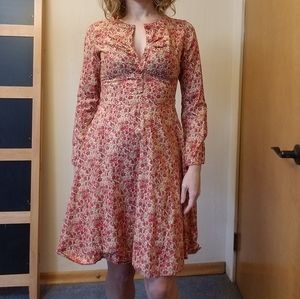 Y2K Floral Long Sleeve Mini Dress Red Button Ruched Chest Small